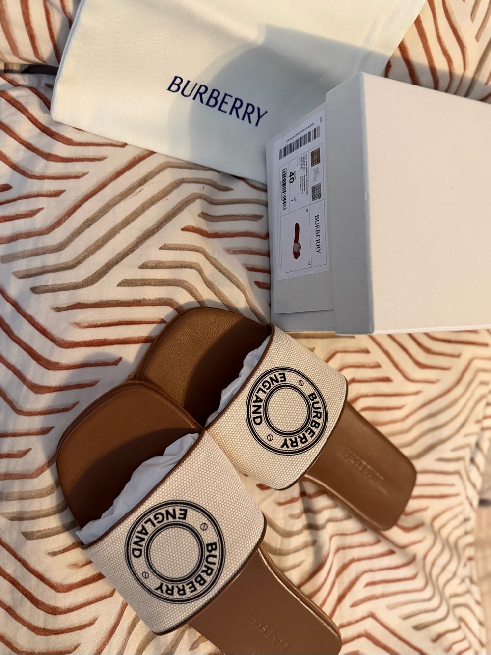 Burberry Beige & Brown Logo Slides - Burberry